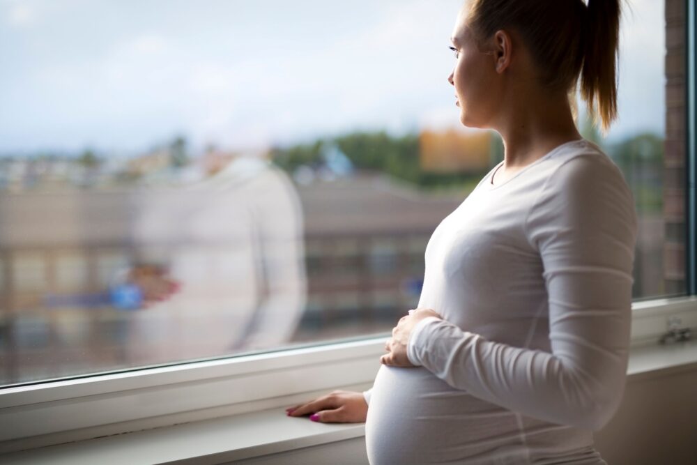 A pregnant woman looks out the window.