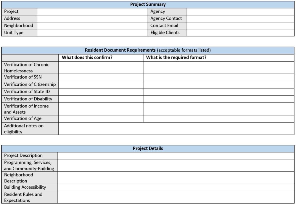 Blank template of a project information sheet.