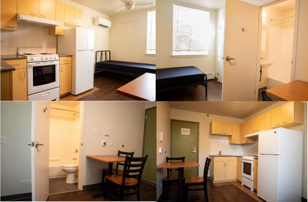 Grid of four photos of the interior of an SRO apartment.