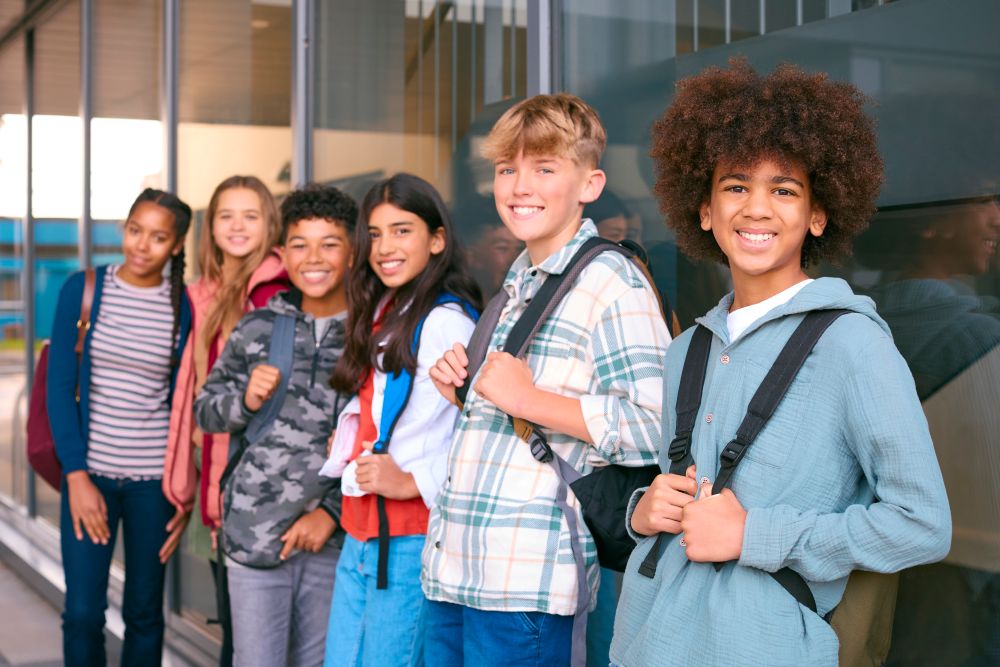 Smiling teens line up outside a school building.