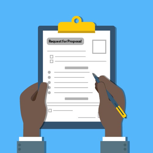 A graphic of a hand holding a clipboard about RFPs.